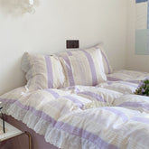 Cecilia Lace Ruffle Double Gauze Striped Bedding Set - Purple